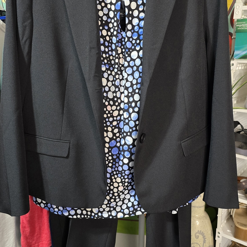 Black Label Elegant Black Pantsuit with Blue Polka Dot Blouse